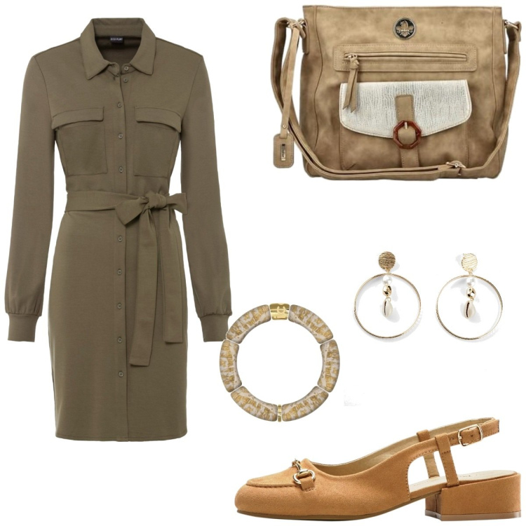 Outfit femme - Casual chic #13155. Style Casual chic pour Bureau. Assortir avec chaussures à talon, robes chemisier, boucles d'oreilles, sacs en bandoulière, bracelets.