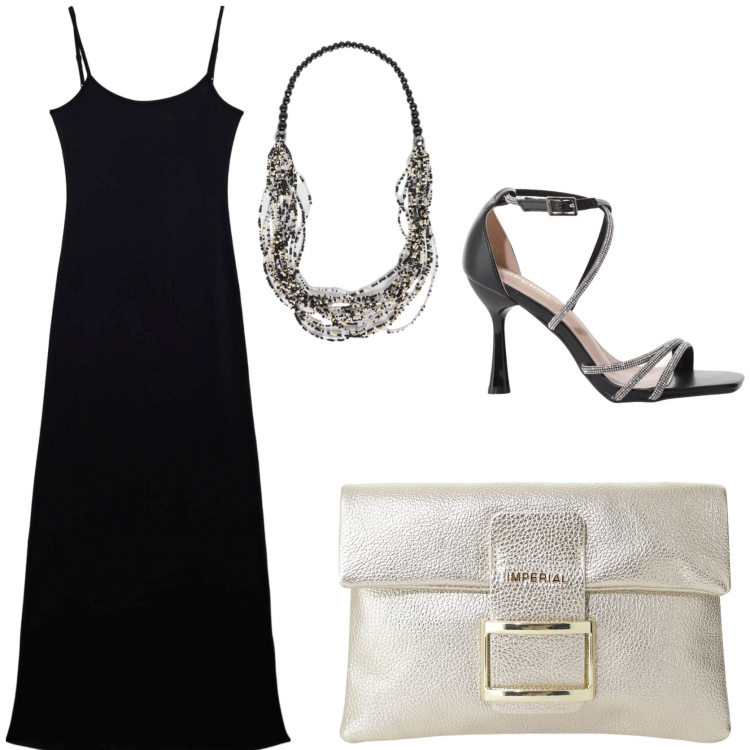 Outfit donna - L\' eleganza del nero. Stile Glamour per Serata fuori. Abbinamento con vestiti lunghi, sandali col tacco, pochette, collane.