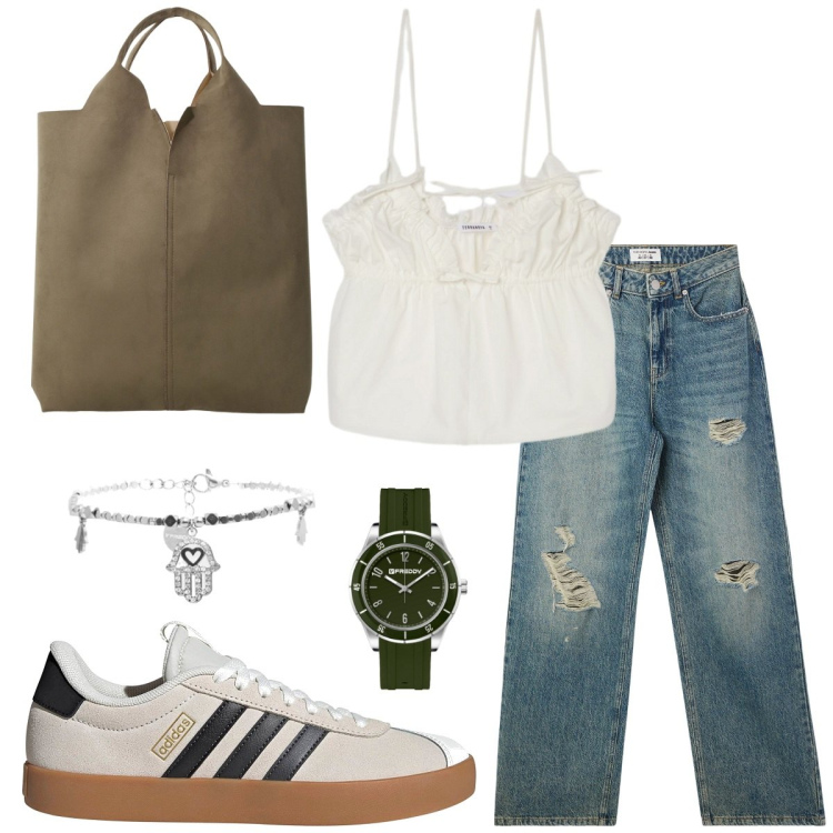 Outfit donna - Mattina con le Amiche. Stile Casual per Tutti i giorni. Abbinamento con canottiere, jeans strappati, braccialetti, orologi, shopping bag, sneakers.