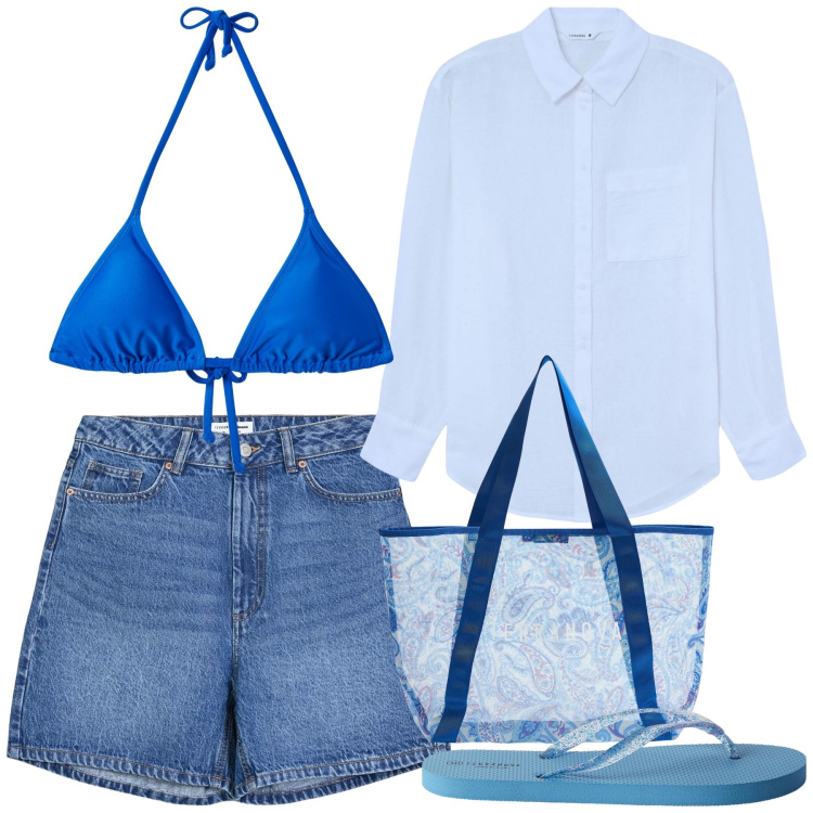 Outfit donna - Summer holiday. Stile Casual chic per Mare. Abbinamento con infradito, camicie, bermuda, shopping bag, bikini.