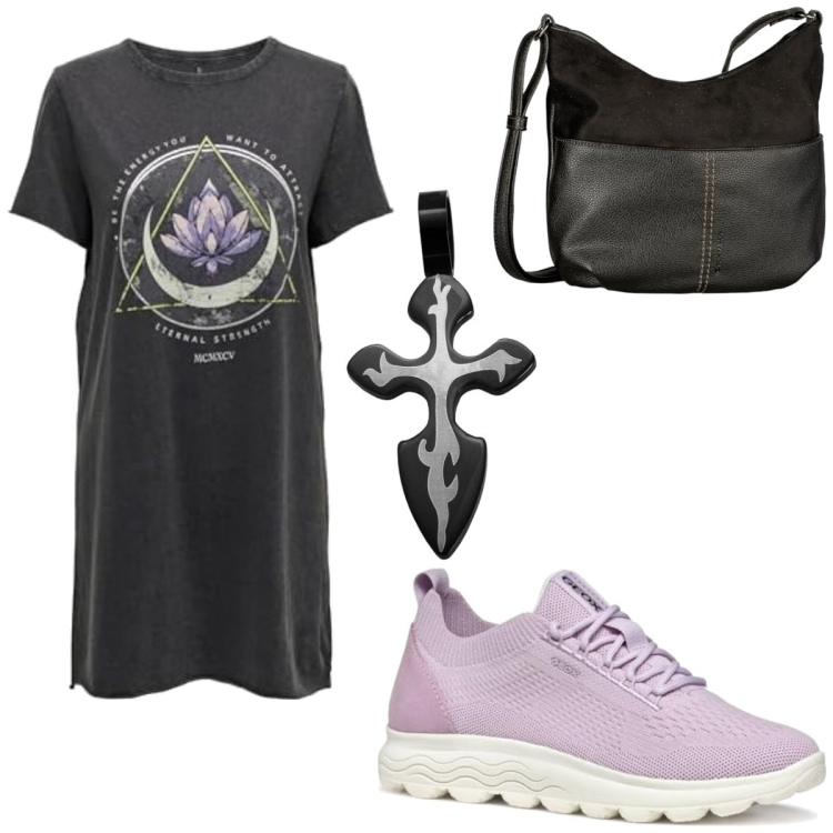 Outfit femme - Rock #678. Style Rock pour Tous les jours. Assortir avec robes chemisier, sacs besace, sneakers, bracelets.