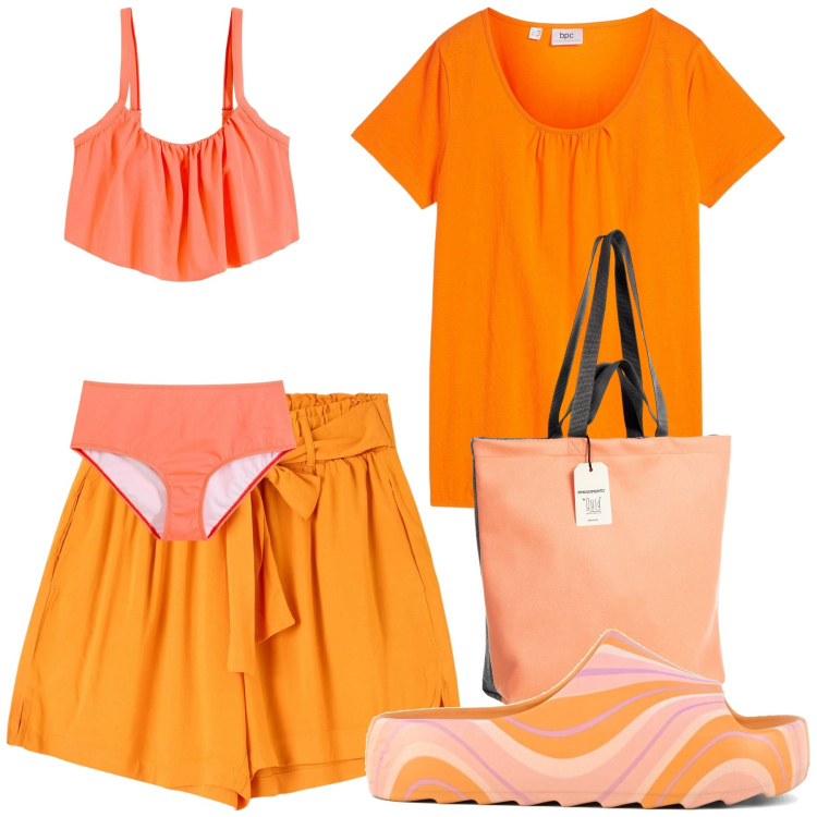 Outfit donna - Arancione caldo. per Mare. Abbinamento con bikini, t-shirt, shorts, borse tote, ciabatte.