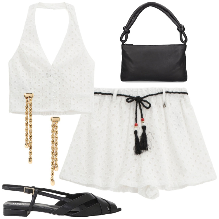 Outfit donna - Al mare. Stile Casual chic per Mare. Abbinamento con sandali, top, pantaloni corti, orecchini, borse a spalla.