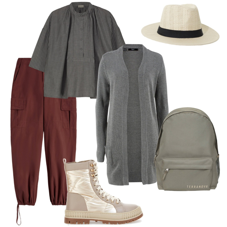 Outfit donna - Vacanze in montagna. per Tutti i giorni. Abbinamento con cardigans, zaini, cappelli, pantaloni cargo, stivaletti, camicie a manica corta.