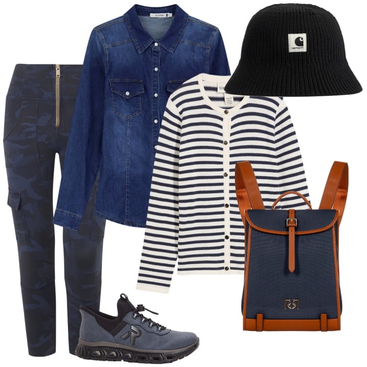 Outfit donna - Vacanze in montagna. per Tutti i giorni. Abbinamento con cardigans, sneakers, zaini, camicie, pantaloni cargo, cappelli.