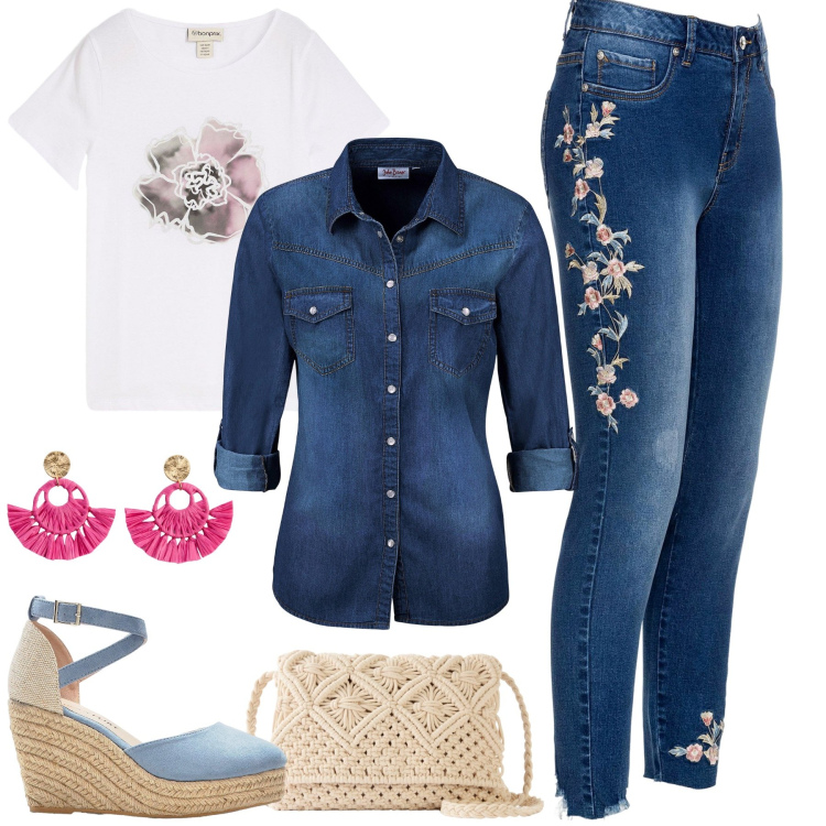 Outfit donna - Denim Bonprix. Stile Vintage retrò per Tutti i giorni. Abbinamento con camicie, jeans, t-shirt, orecchini, sandali, borse a tracolla.