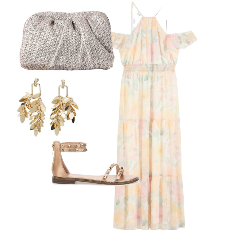 Outfit donna - Eleganza rilassata. per Serata fuori. Abbinamento con vestiti lunghi, clutch, orecchini, sandali.