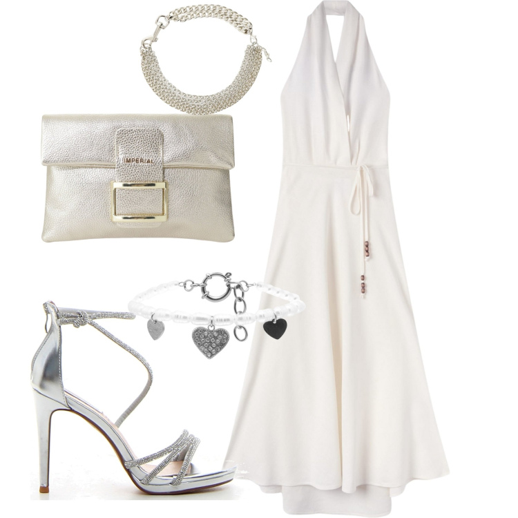 Outfit donna - Serata. Stile Trendy per Mare. Abbinamento con vestiti lunghi, pochette, collane, braccialetti, sandali col tacco.
