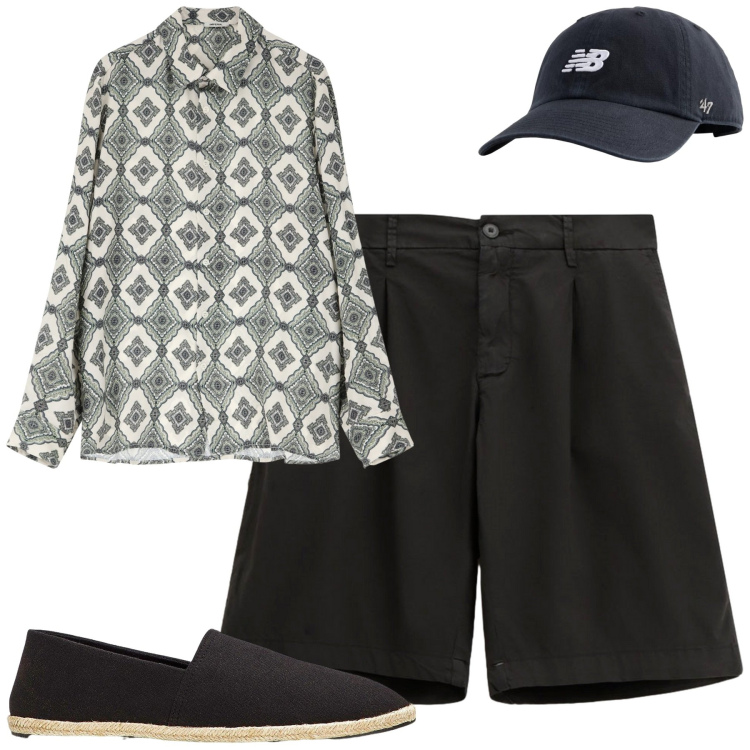 Outfit uomo - Agosto. Stile Trendy per Tutti i giorni. Abbinamento con espadrillas, cappelli con visiera, camicie, bermuda.
