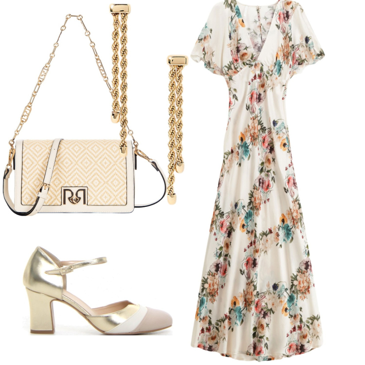 Outfit donna - Eleganza rilassata. per Serata fuori. Abbinamento con borse a tracolla, vestiti lunghi, orecchini, sandali col tacco.