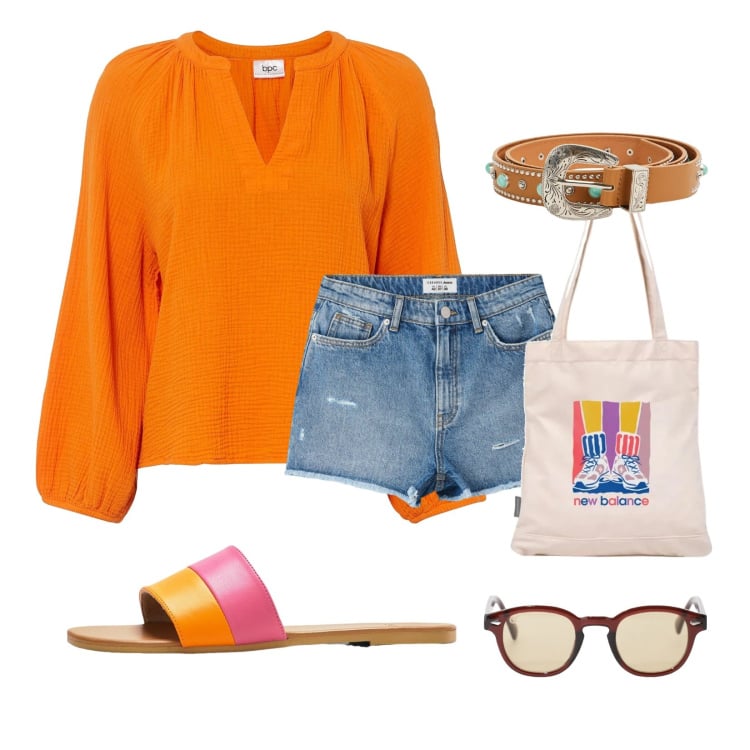 Outfit donna - Estate è colore!. Stile Casual per Mare. Abbinamento con bluse, ciabatte, shorts, cinture, shopping bag, occhiali da sole.