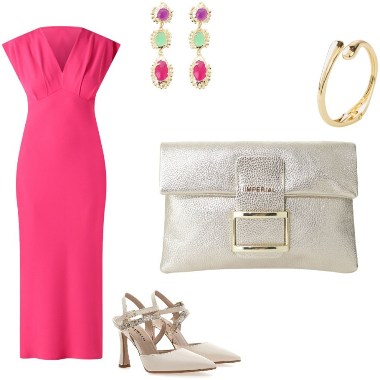 Outfit donna - Semplicità ed eleganza. Stile Chic per Serata fuori. Abbinamento con braccialetti, vestiti midi/longuette, pochette, orecchini, décolleté.