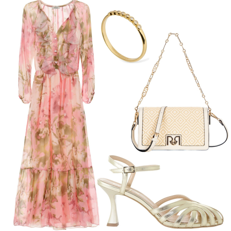 Outfit donna - Total look #2214308. Stile Romantica per Cerimonia. Abbinamento con borse a tracolla, sandali col tacco, vestiti lunghi, anelli.