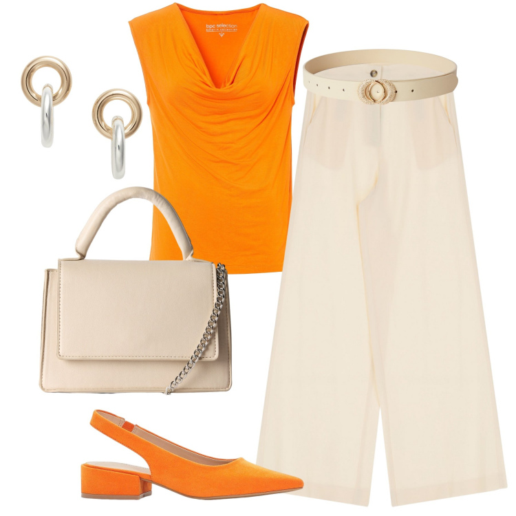 Outfit donna - Toni neutri e top arancio. Stile Glamour per Ufficio. Abbinamento con top, décolleté, borse a tracolla, cinture, pantaloni, orecchini.