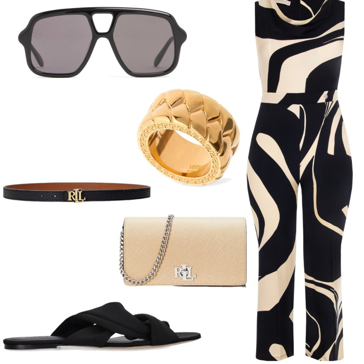 Outfit donna - Apericena. Stile Bon Ton per Serata fuori. Abbinamento con tute, cinture, borse a tracolla, sandali col tacco, anelli, occhiali da sole.