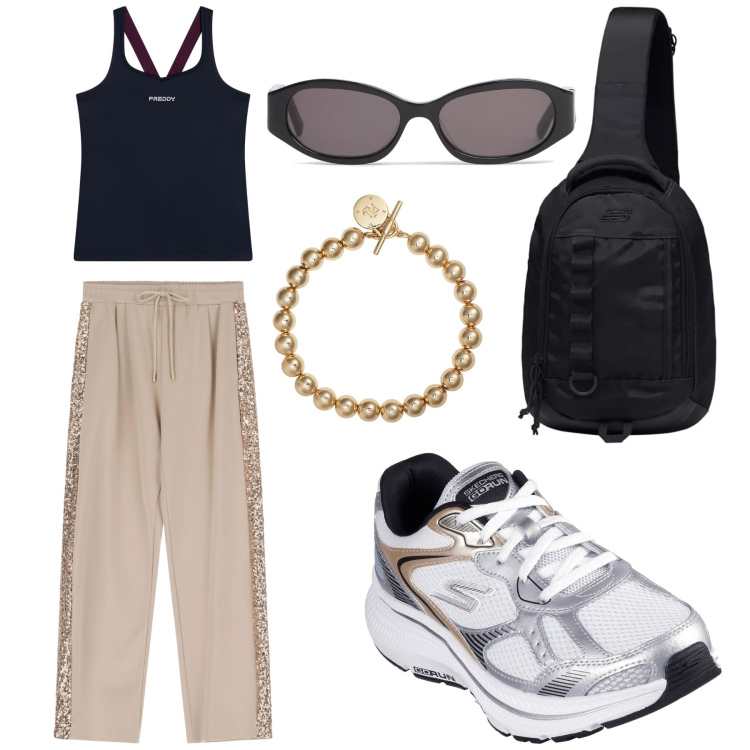 Outfit donna - Total look #2214314. Stile Trendy per Sport. Abbinamento con borse sportive, pantaloni sportivi, top sportivi, braccialetti, scarpe sportive, occhiali da sole.