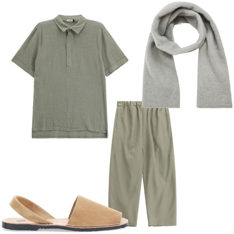 Outfit uomo - Agosto. Stile Casual per Tutti i giorni. Abbinamento con sciarpe e foulard, pantaloni, polo, sandali.