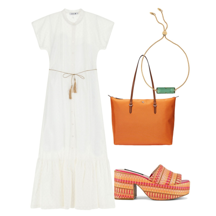 Outfit donna - Accessori colore vitaminico!. Stile Minimal per Tutti i giorni. Abbinamento con vestiti lunghi, braccialetti, borse tote, zeppe.