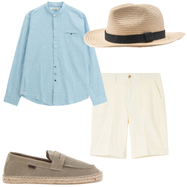 Outfit uomo - Camicia di lino. Stile Casual per Serata speciale. Abbinamento con bermuda, camicie, espadrillas, cappelli.