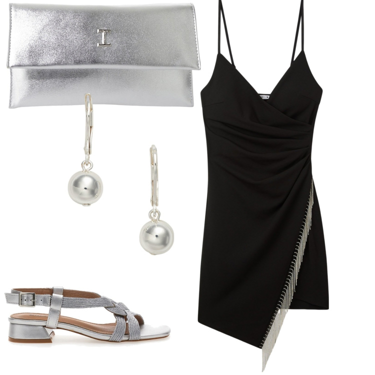 Outfit donna - Abito cut -out. per Serata fuori. Abbinamento con vestiti corti, pochette, orecchini, sandali col tacco.