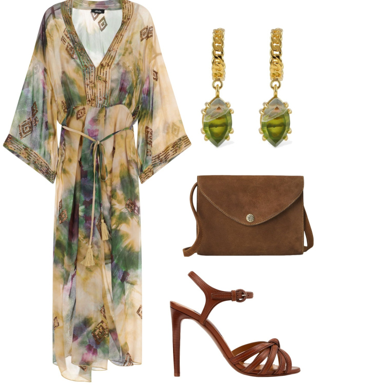 Outfit donna - Leggera al tramonto. Stile Glamour per Serata fuori. Abbinamento con vestiti lunghi, borse a tracolla, sandali col tacco, orecchini.