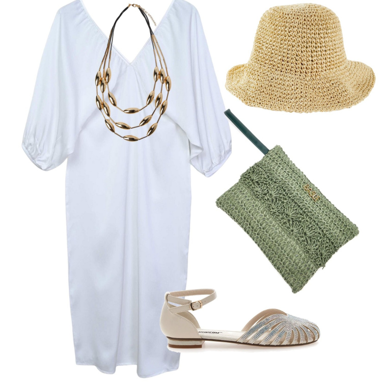 Outfit donna - Passeggiata al mare. per Mare. Abbinamento con cappelli, vestiti lunghi, sandali, pochette, collane.