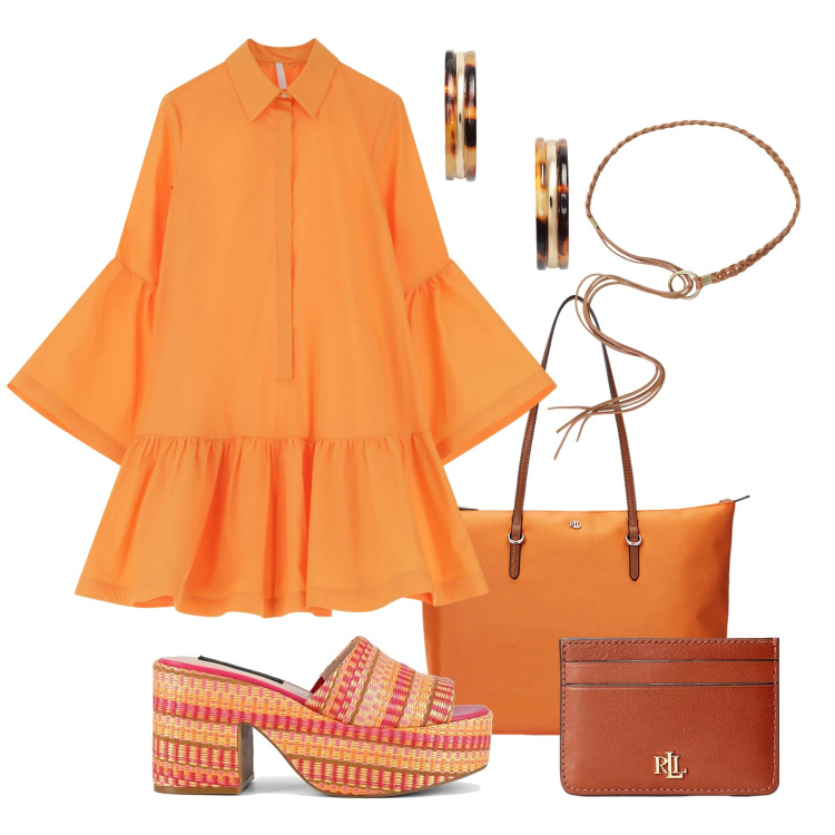 Outfit donna - Total look arancio. Stile Trendy per Tutti i giorni. Abbinamento con vestiti chemisier, cinture, borse tote, portafogli, orecchini, zeppe.