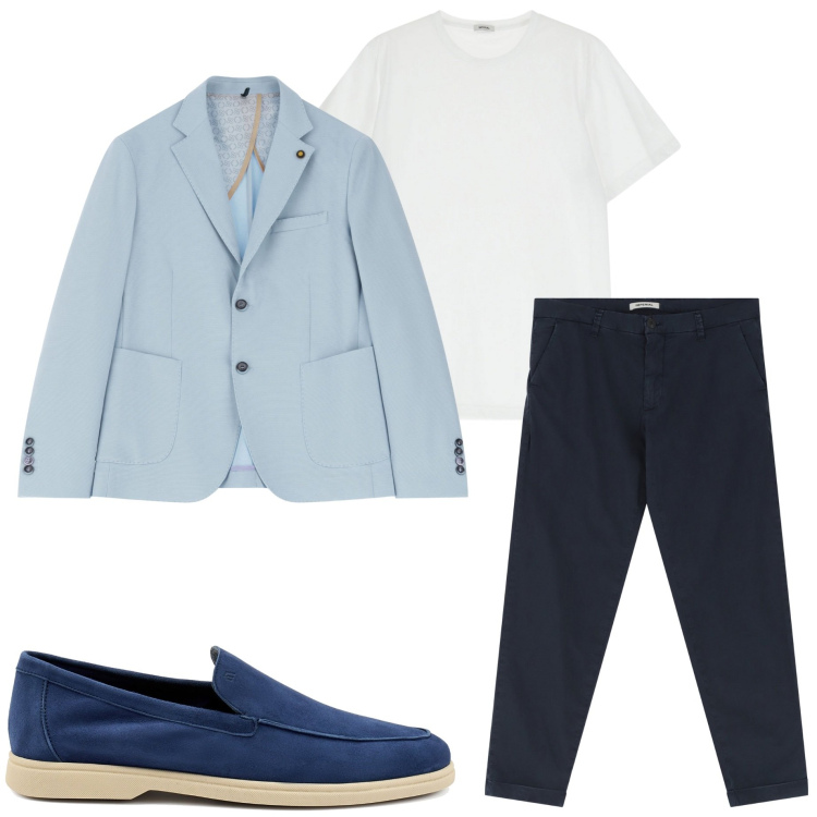 Outfit uomo - Completo spezzato. Stile Business/Elegante per Serata speciale. Abbinamento con pantaloni chino, giacche, t-shirt, scarpe stringate.