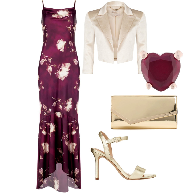 Outfit donna - Delicata e floreale. Stile Chic per Serata fuori. Abbinamento con vestiti lunghi, bolero, sandali in pelle, pochette, orecchini.