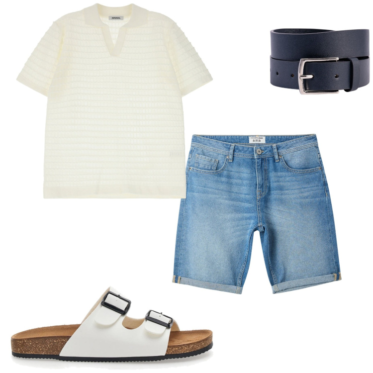 Outfit uomo - Polo in maglia leggera. Stile Casual per Tutti i giorni. Abbinamento con bermuda, polo, sandali, cinture.