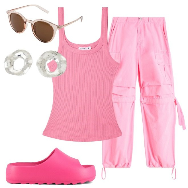 Outfit donna - Oggi vedo solo rosa. Stile Sporty chic per Tutti i giorni. Abbinamento con occhiali da sole, canottiere, pantaloni cargo, orecchini, ciabatte.