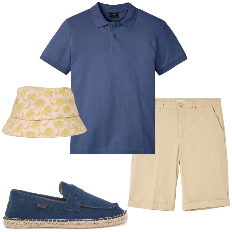 Outfit uomo - In vacanza. Stile Casual per Mare. Abbinamento con polo, bermuda, cappelli con visiera, espadrillas.
