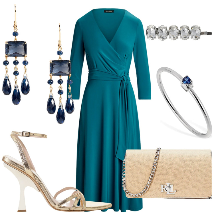 Outfit donna - Serata in Eleganza. Stile Glamour per Cerimonia. Abbinamento con sandali col tacco, vestiti, borse a tracolla, orecchini, anelli, accessori per capelli.