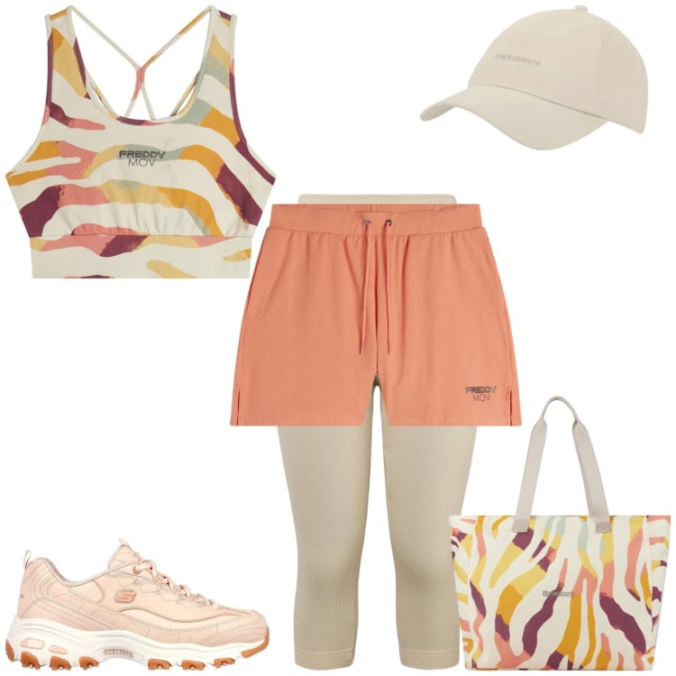 Outfit donna - Passeggiata sportiva su lungomare. Stile Urban per Sport. Abbinamento con leggings sportivo, cappelli con visiera, pantaloncini sportivi, top sportivi, shopping bag, scarpe sportive.