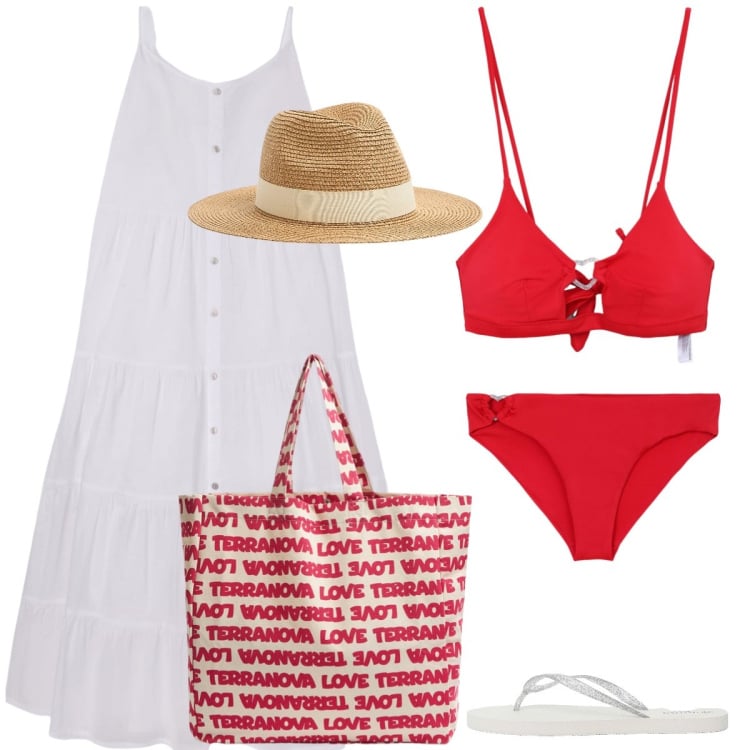 Outfit donna - Total look #2214369. Stile Basic per Mare. Abbinamento con vestiti lunghi, cappelli, bikini, borse tote, bikini, infradito.