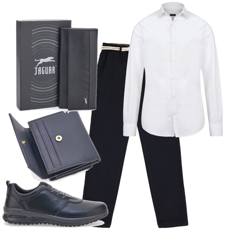 Outfit uomo - Serata Romantica. Stile Business/Elegante per Serata speciale. Abbinamento con pantaloni chino, scarpe stringate, portafogli, portachiavi, camicie.