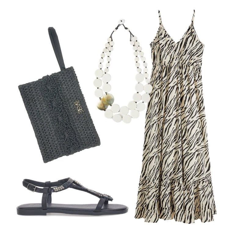 Outfit donna - Per la serata abito stile impero. Stile Glamour per Serata fuori. Abbinamento con vestiti lunghi, sandali gioiello, pochette, ciondoli.