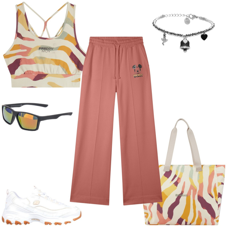 Outfit donna - Sport. Stile Casual per Sport. Abbinamento con top sportivi, pantaloni sportivi, shopping bag, braccialetti, sneakers, occhiali da sole.