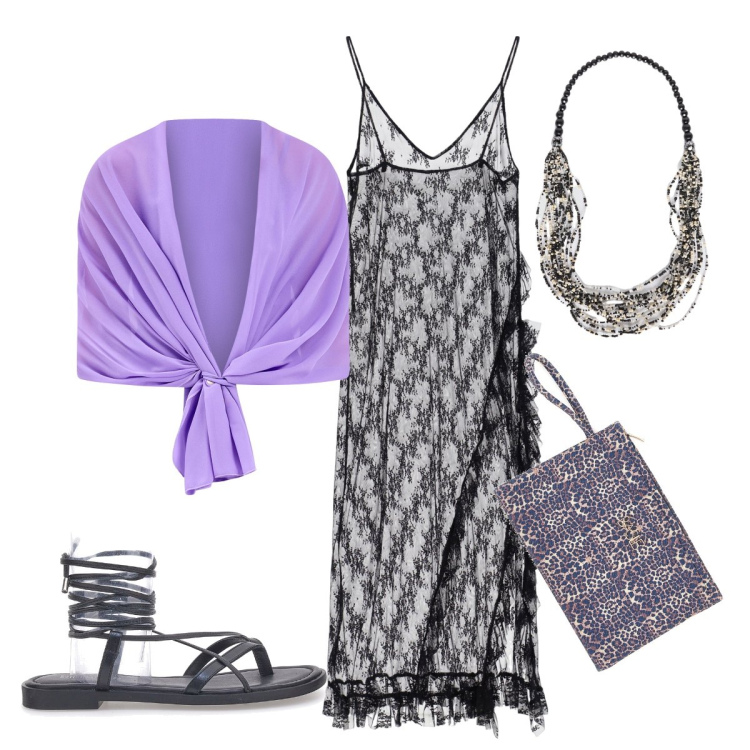 Outfit donna - Glamour con l’abito di pizzo nero. Stile Glamour per Serata fuori. Abbinamento con scialli, vestiti midi/longuette, collane, pochette, sandali alla schiava.