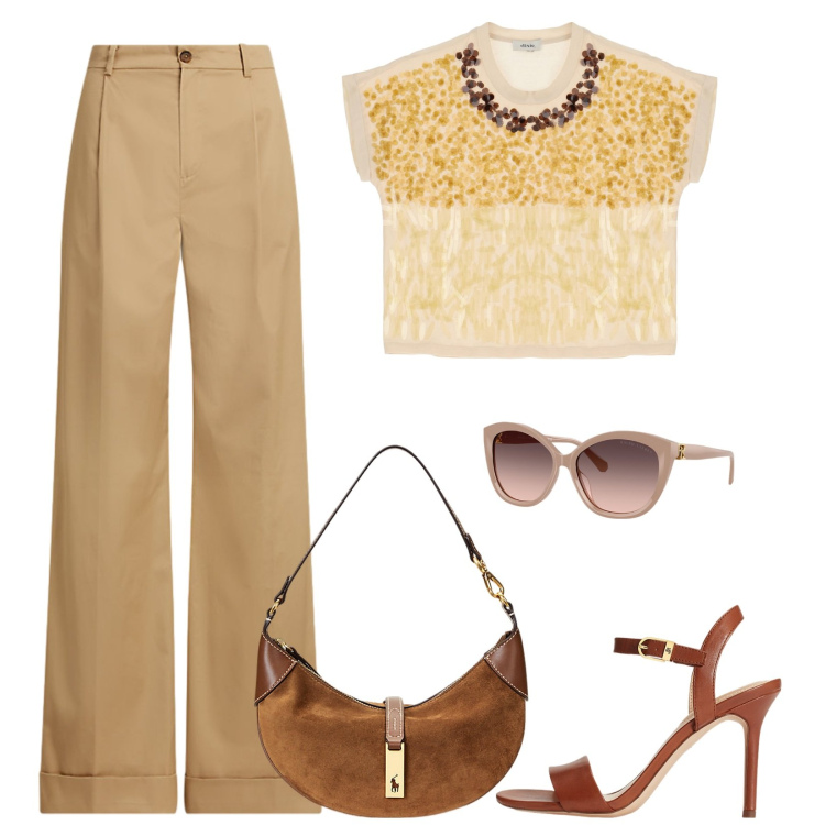 Outfit donna - A cena con le amiche. Stile Casual chic per Serata fuori. Abbinamento con t-shirt, pantaloni, sandali in pelle, borse a spalla, occhiali da sole.