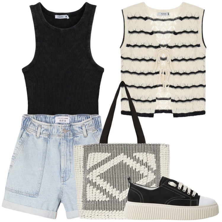 Outfit donna - Effetto tricot. Stile Casual per Tutti i giorni. Abbinamento con shorts, canottiere, top, sneakers, shopping bag.