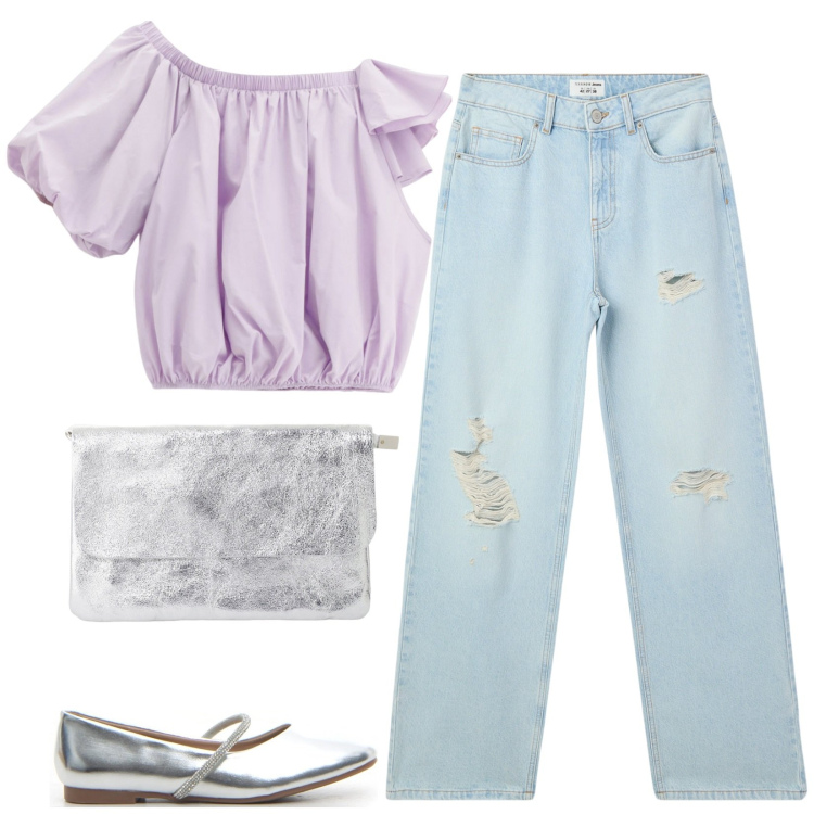 Outfit donna - Una giovane serata. Stile Preppy per Serata fuori. Abbinamento con jeans strappati, top, borse a tracolla, ballerine.