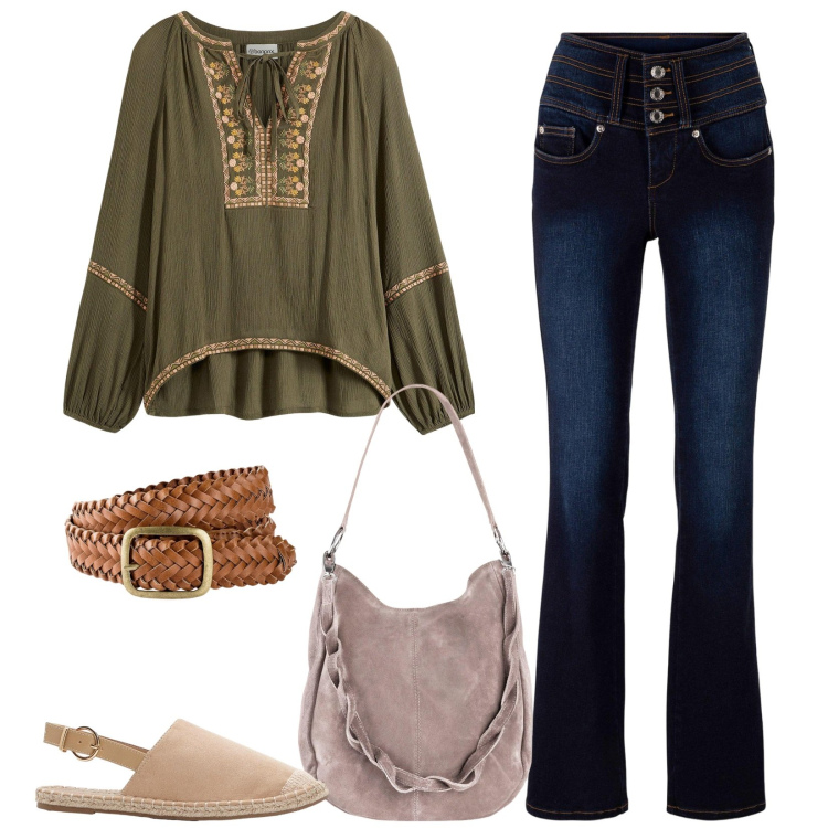 Outfit donna - Etno sound. Stile Boho per Serata fuori. Abbinamento con jeans bootcut, borse a mano, cinture, espadrillas, bluse.