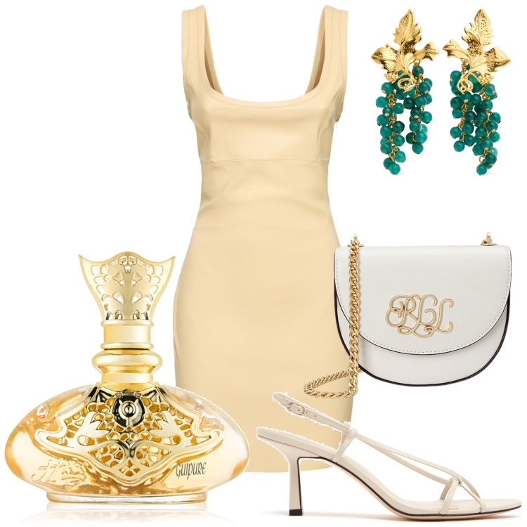 Outfit donna - Total look #2214381. Stile Bon Ton per Tutti i giorni. Abbinamento con profumi, borse a tracolla, orecchini, vestiti, sandali in pelle.