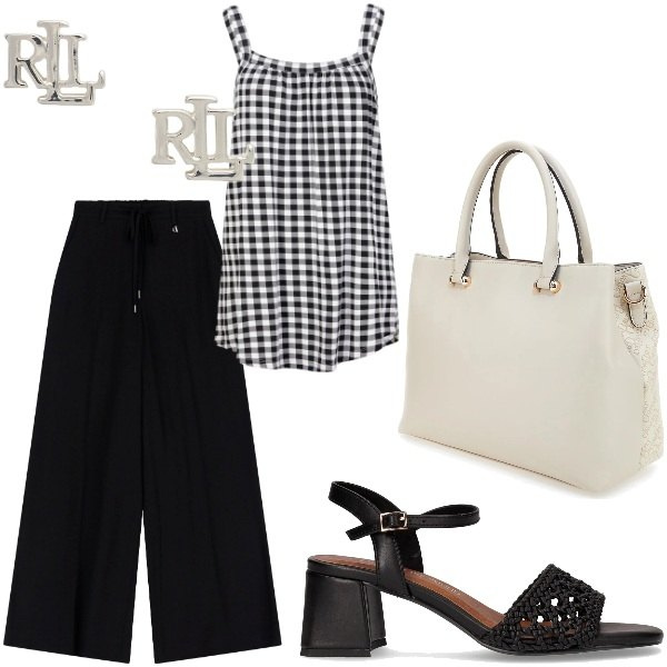 Outfit donna - Il top a quadrettini. Stile Casual chic per Serata fuori. Abbinamento con top, pantaloni, orecchini, sandali col tacco, borse a tracolla.