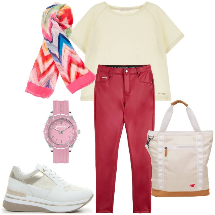Outfit donna - Total look #2214383. Stile Casual chic per Tutti i giorni. Abbinamento con shopping bag, t-shirt, orologi, pantaloni skinny, foulard, sneakers.