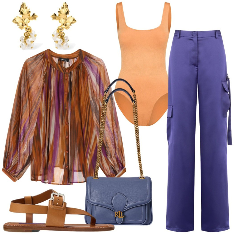 Outfit donna - Gita fuori porta. Stile Casual chic per Tutti i giorni. Abbinamento con pantaloni cargo, camicie, sandali in pelle, borse a spalla, body, orecchini.