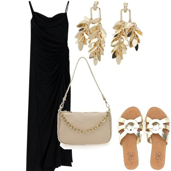 Outfit donna - A cena fuori. Stile Casual chic per Serata fuori. Abbinamento con vestiti midi/longuette, orecchini, ciabatte, borse a tracolla.