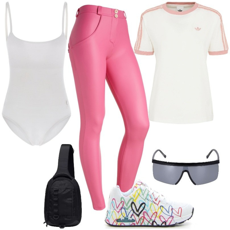 Outfit donna - The Love sneaker. Stile Sporty chic per Sport. Abbinamento con borse sportive, body, pantaloni skinny, sneakers, occhiali da sole, t-shirt.