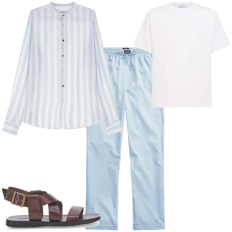 Outfit uomo - Total look #2214392. Stile Trendy per Mare. Abbinamento con camicie, pantaloni, sandali, t-shirt.